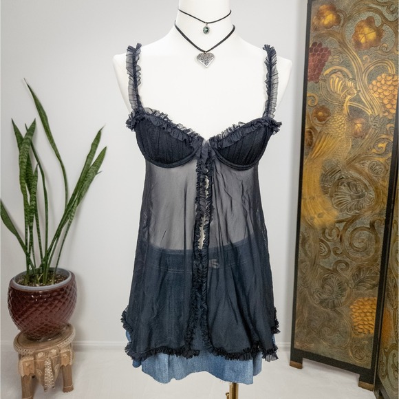 Y2K Victoria's Secret Black‎ Sheer Mesh Babydoll Lingerie Dress Women